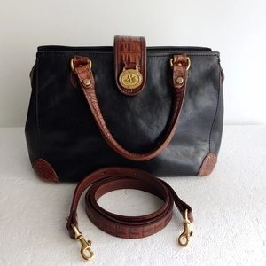 Brahmin Black Leather Alligator Trim Classic Satchel Handbag Shoulder Purse Vtg